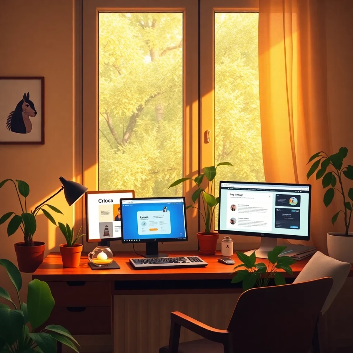 Bureau cosy de freelance francophone avec onglets d'outils IA, ambiance lumineuse