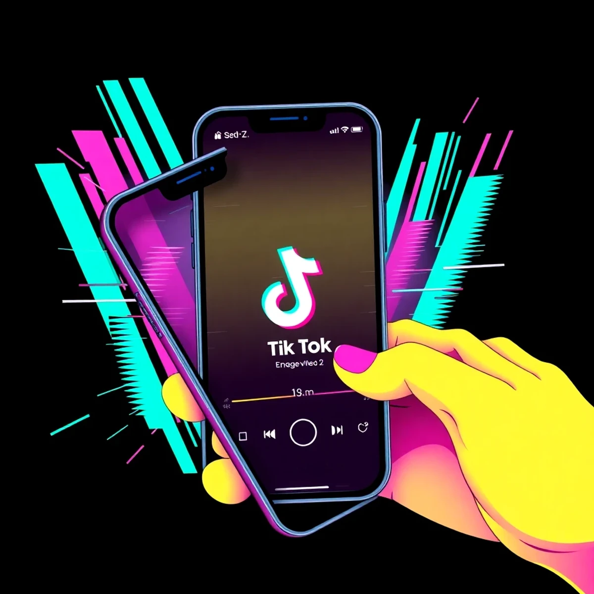Téléphone affichant une vidéo TikTok virale avec compteur d'engagement, ambiance gen-Z