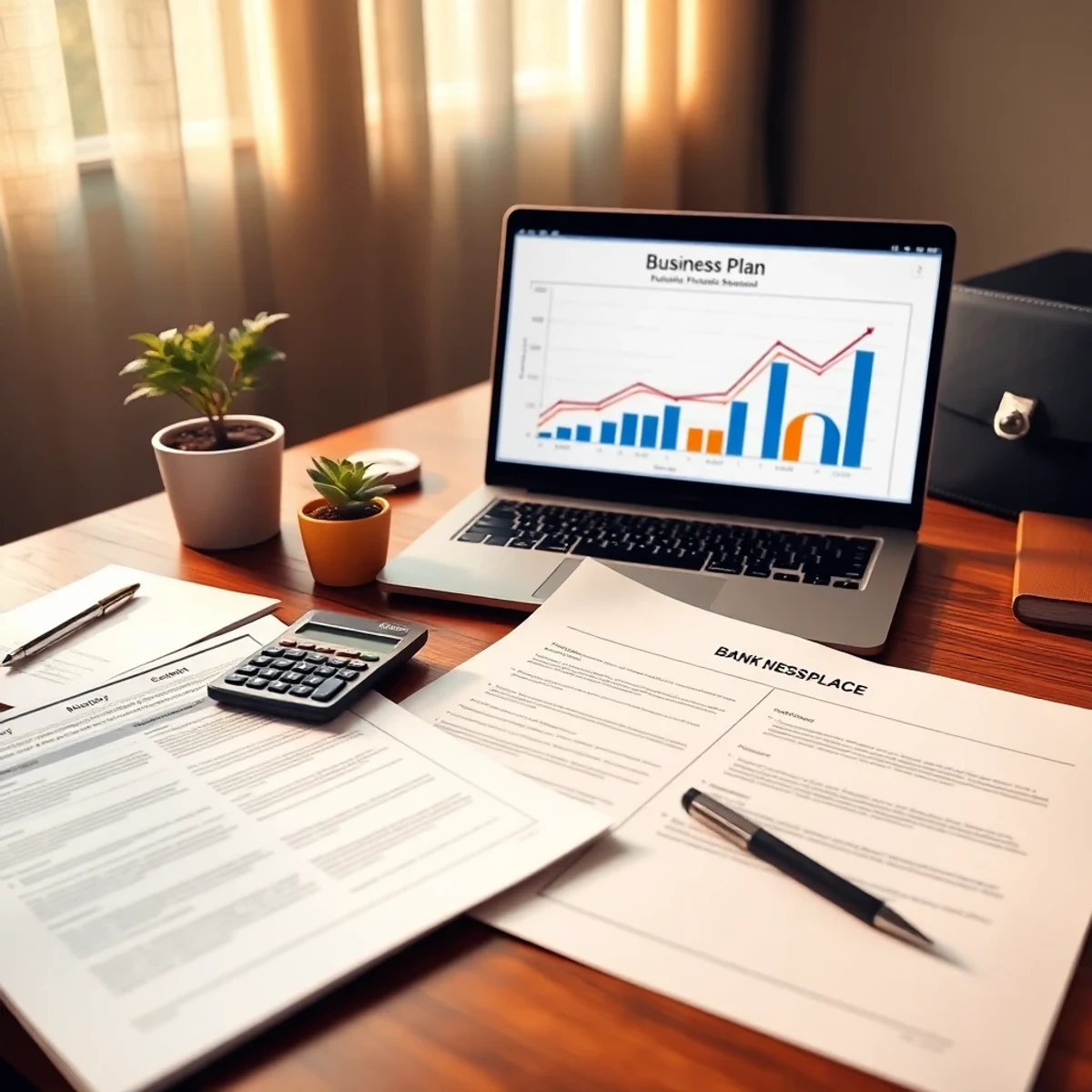 Bureau d'entrepreneur avec un business plan imprimé, une calculatrice et un graphique de prévisionnel à trois scénarios