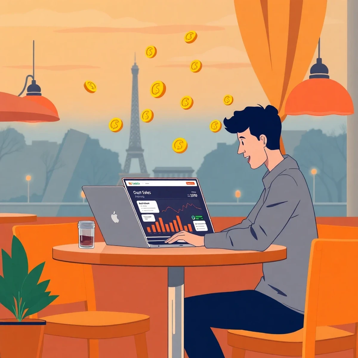 Créateur francophone vendant ses prompts en ligne dans un café parisien, dashboard de ventes