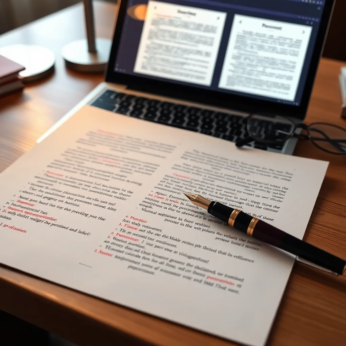 Page imprimée annotée de marques de correction à côté d'un ordinateur comparant deux versions d'un texte