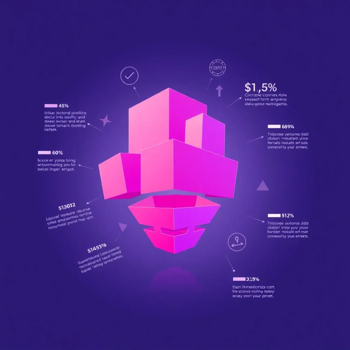 Cinq blocs géométriques formant un entonnoir de conversion, illustration copywriting