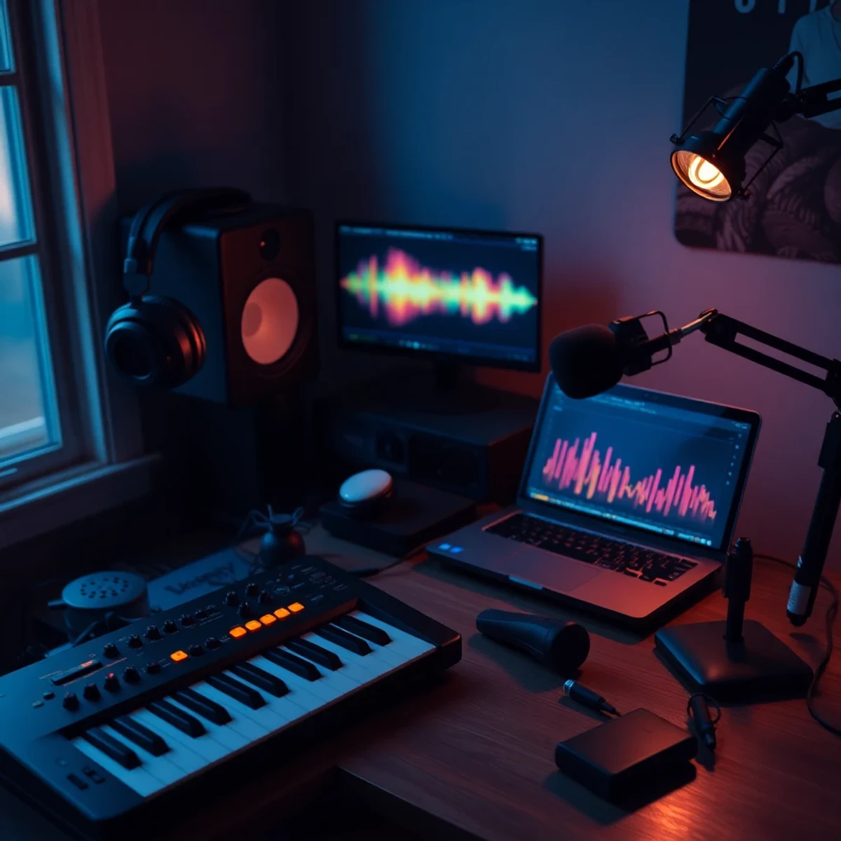 Petit studio maison avec casque, clavier et formes d'onde colorées pour créer musique et sound design avec l'IA