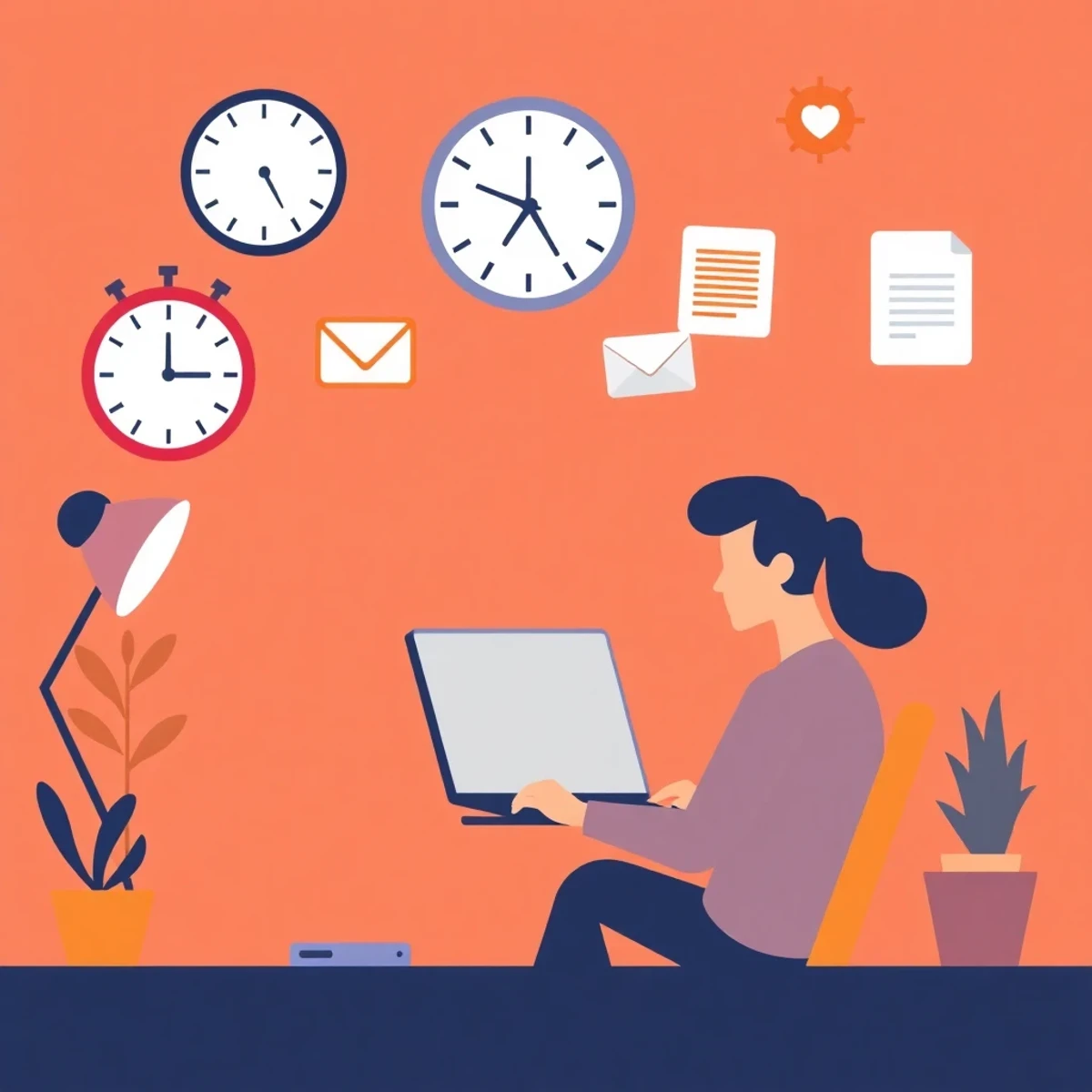 Bureau productif avec icônes flottantes représentant emails, calendriers et documents