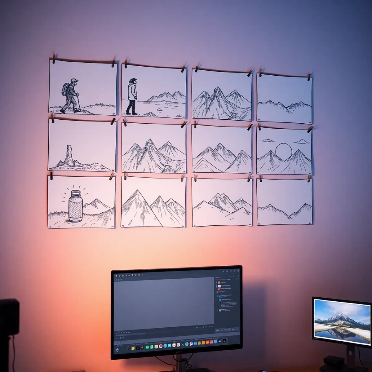 Mur de storyboard de douze croquis pour une publicité, au-dessus d'un écran de montage vidéo