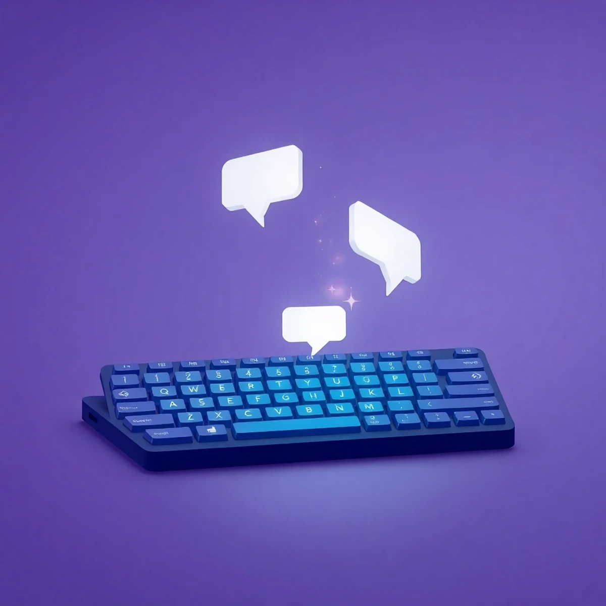 Illustration d'un clavier français avec bulles de prompts IA flottantes