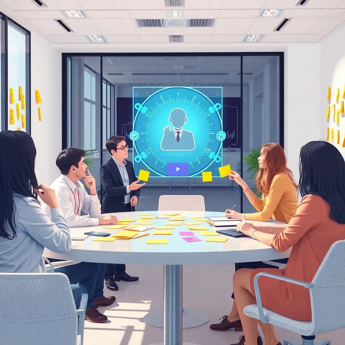 Équipe de PME en brainstorming autour d'un assistant IA holographique, ambiance collaborative