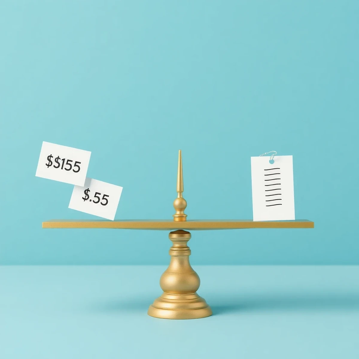 Balance équilibrant des cartes de prompts avec étiquettes de prix, illustration pricing