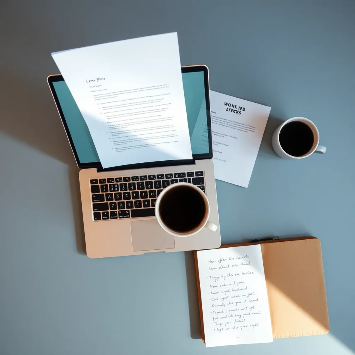 Bureau avec un ordinateur affichant une lettre de motivation et une offre d'emploi annotée, préparées avec l'aide de l'IA